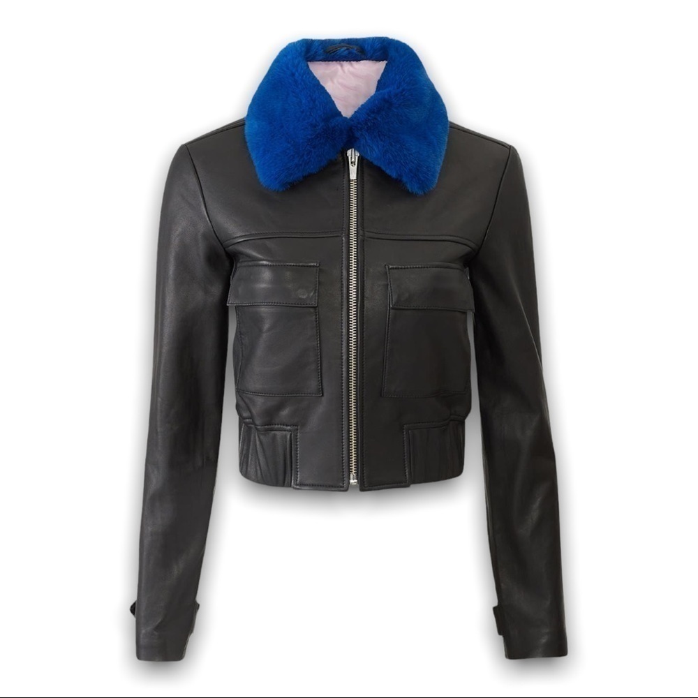 VEDA Lamb Leather Faux Fur Collar Cropped Y2K Penny Lane Biker Bomber Jacket L‎ - Picture 11 of 13